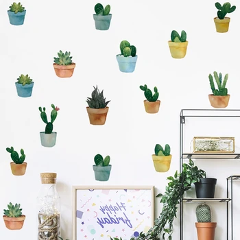 Kaktus Potteplanter Wall Wall Stickers Til Soveværelse, Stue Væg Udsmykning DIY PVC vægoverføringsbilleder Kontor Indretning Art Kalkmalerier Hjem Dekoration