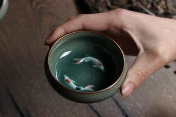 Kinesiske Longquan kunst Celadon Tekopper i Porcelæn tepotte Kop Te glas vand Skål Gyldne Fisk 60ml Kina teaset Crackle Tekop 1stk