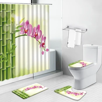 Kinesisk Stil Grøn Bambus Skov Natur Badeforhæng Moderne Badeværelse Flannel, Non-Slip Piedestal Tæppe Låg Toilet Dække Bademåtte