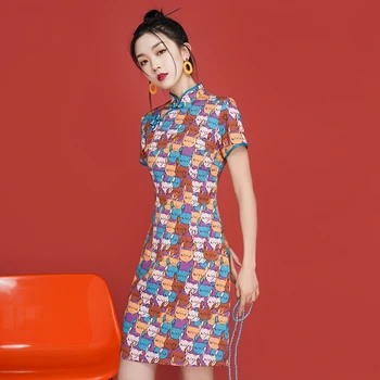Forbedret Cheongsam KVINDER Dress New Style Unge PIGE ER Sommer Søde Trykt kortærmet Tight-Fit kortærmet Mini Kjole