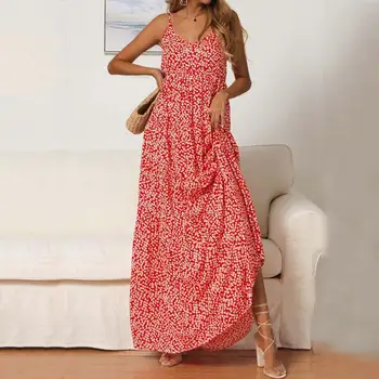 2021 Sommeren Kvinder Boho V-Hals Lange Maxi Kjole Blomstret Print Party Dress Damer Kausale Boho Spaghetti Strop En Online Blomst Vestido