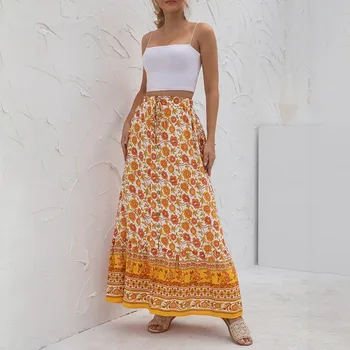 Sommeren Nye Stil Af Europæiske Og Amerikanske Etnisk Stil Lange Slanke Trykt Lace-Up Nederdel Kvinder