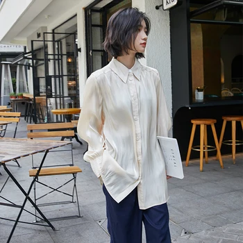 Elegante Mode Kvinder Sommeren Satin Bluse koreanske Turn-down Krave langærmet Skjorte Kontor Dame Foråret Bluser Blusas