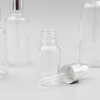 5 ml,10 ml,15 ml,20 ml,30 ml,50 ml,100 ml Klart Glas Dropper flasker,Lyse Sølv krave Tom Æterisk Olie Hætteglas Hvid gummi