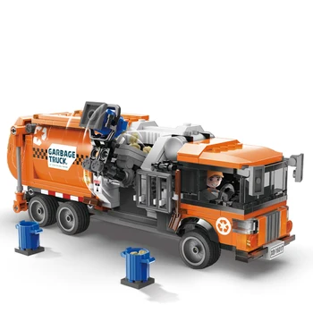 High-Tech By Truck Series Mursten Legetøj Orange Sanitet Miljømæssigt Køretøj Garbage Truck Byggesten Model Kit