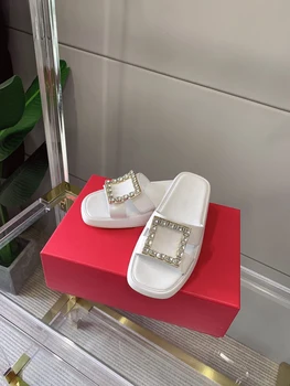 Sommeren Luksus Diamant Spænde Sandaler 2021 Brand Designer Damer Sko Mode Slideshow Kvinder 35-39 Størrelse Støv Taske Med Box