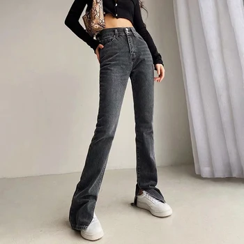 Jeans Kvinde, Høj Talje Jeans Streetwear Lys Blå Denim Bukser, Vintage Split Flare Pants Kvinder n Pantalon Femme