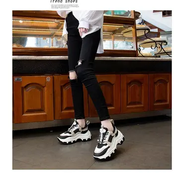 2021 Kvinder Chunky Sneakers Vulcanize Sko koreansk Mode Nye Kvinder Sort Hvid Platform Tyk Sål, der Kører Casual Sko 7cm