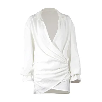 Langærmet Hvid Skjorte Kjole Sexy V Hals Solid Farve Sengetøj Kjole For Kvinder I Foråret