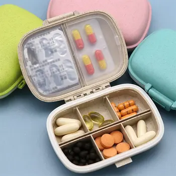 8 net arrangør beholder til tabletter rejse pille æske med tætningsring Lille boks til tablets, Hvede halm beholder til lægemidler