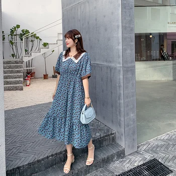 Koreansk Mode Blå Blomst Sommer Kjole i Stor Størrelse Kvinder kortærmet Blomster Print Lang Chiffon Kjoler XL-3XL