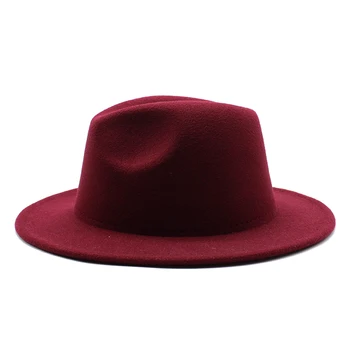 Patchwork Uld Filt Jazz Fedora Hat Vin rød/Khaki Kvinder Unisex Wide Brim Panama Part Cowboy Hætte Mænd, Herre Bryllup Hat 60CM