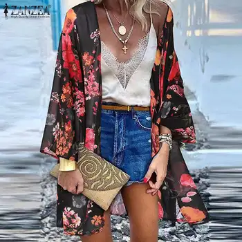 ZANZEA Kvinder Sommer Boheme-Mode Cardigan Arbejde Kimono Blomster Trykt Dække Op Afslappet langærmet Chiffon Blouse Ferie Toppe
