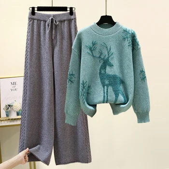 2021 Efterår og vinter nye casual mode kvinders afdækning hjorte mønster sweater + store strikkede wide-ben bukser, to-delt sæt n9