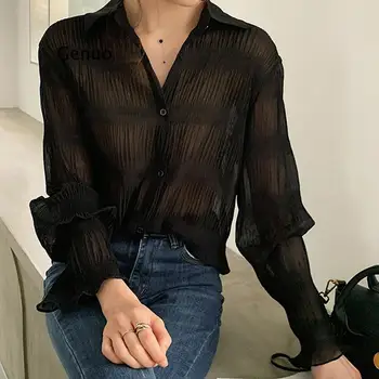 Foråret Vintage Elegante Kvinder Chiffon Casual Bluser med Lange Ærmer Blusas Femme Turn-down Krave Solid Skjorter Overdele