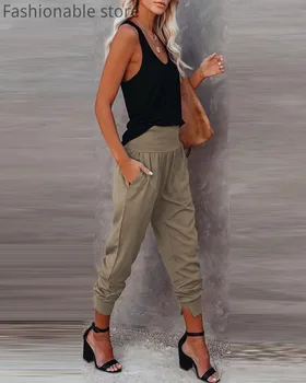 Kvinders Ensfarvet Bukser Med Høj Talje, Lomme-Design-Casual Bukser