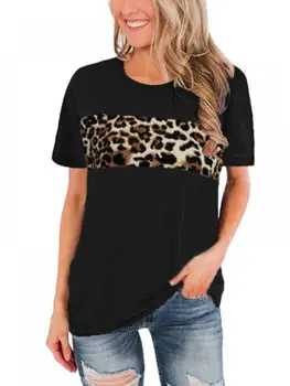 Sommeren Kvinder Rund Hals Leopard Syning Kort-langærmet T-shirt Kvindelige Løse Toppe