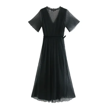 2020 Fashion kvinder prikker sort kjole Med bælte Flæser krave kortærmet dame elegant midi Kjole Vestidos INKEO Part 9D283