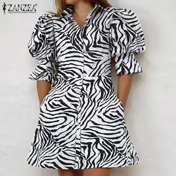 Kvinder Elegante Zebra Print Robe ZANZEA Mode Sommeren Mini Kjole Smarte Revers Shirt Vestidos Casual Puff Ærmer, En Linje Kjoler