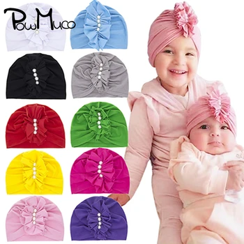 Powmuco Solid Farve Håndlavet Foldede Blomster Spædbarn Indiske Hatte Blød Hud-venlige Strikke-Bomuld Baby Tøj, Caps Dekoration