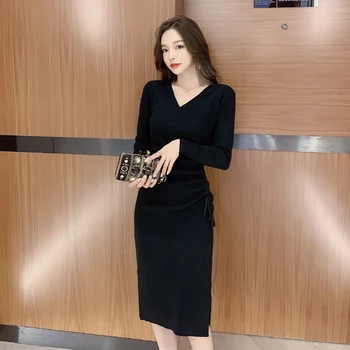 Nye Elegante koreansk Dame Kontor Kjole med Lange Ærmer Strik Sweater Kjoler Vinteren V-hals, Sort Vestidoes Kvindelige Streetwear