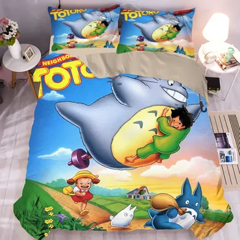 Hjem Tekstil Anime Tegnefilm Tonari no Totoro King Size Sengetøj Sæt Sengelinned 3stk Dyne, Sengetøj Sæt Dynebetræk Pudebetræk