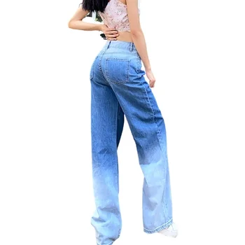 Kvinder Højtaljede Bred Ben Baggy Denim Jeans Kontrast Farve Strække Loose Jeans Bukser Plus Størrelse