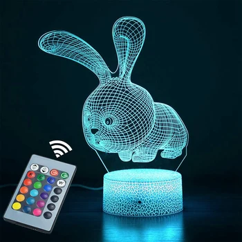 3D-natlys for Børn,Kanin 3D-Illusion Lampe med Tryk Kontakten&Fjernbetjening,16 Farver, Ændre,Perfekte Gaver
