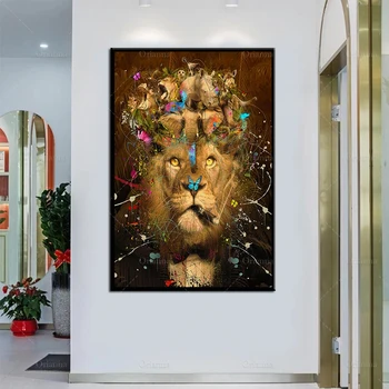 Ryger Lion King Og Elefant, Næsehorn Lærred Maleri Sjove Cirkus Dyr, Plakater Og Prints Hjem Indretning Væg Kunst Billede