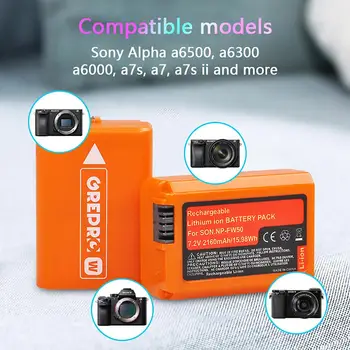 Orange NP-FW50 NP-FW50-Batteri (2160mAh) for Sony Alpha a6500 a6300 a6000 a5000 a3000 NEX-3 A7 A7II A7RII A7SII A7S A7S2 A7R A7R