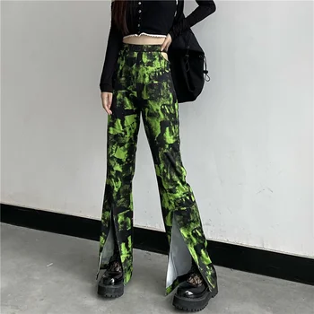 Harajuku Y2k Tie Dye Grønne Flare Pants Streetwear 2021 Sommeren Sexet Lav Talje Hule Bukser Sexet E Pige Gotiske Bukser