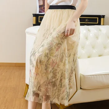 Gezelligheid Nederdele Dame 2021 Nye Mode Elegant Mesh Kvindelige A-Line Trykte Franske Slank Elastisk Høj Talje Midi-Plisseret Nederdel