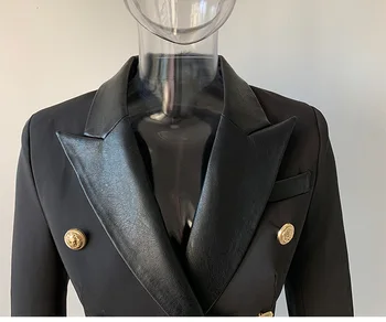 PU Patchwork Kvinders Blazer Frakke Plus Size Dobbelt breasted Turn-down Kvindelige Blazere 2021 Nye Efterår Mode Kontor Damer Frakke