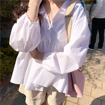 Kvinder Bluser, Shirts Foråret Efteråret 2021 Nye Sød Oversize Koreansk Stil Dame Patchwork Puff Ærmer Vilde Korte Toppe