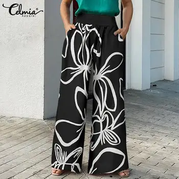 Celmia Kvinder Med Bred Ben Bukser 2021 Vintage Blomster Print Elastisk Høj Talje, Baggy Bukser Casual Fashion Lang Pantalon