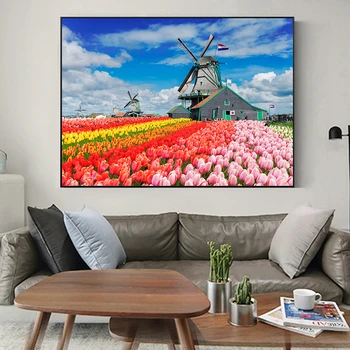 Moderne Kunst Tulip Blomster i Holland Windmill Landskab Lærred Maleri Plakat og Print Væg Kunst Billede til stuen