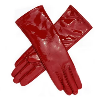 Kvinder mid-længde virkelige skinnende patent læder handsker i red