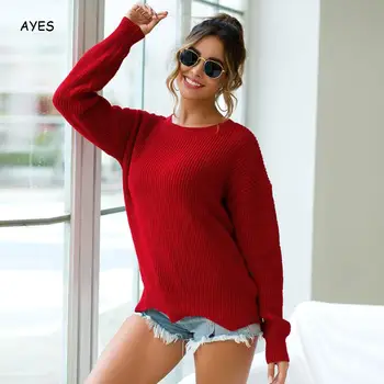 Kvinder Strikket Pullover Vinter Langærmet Sweater Efterår Kvindelige Jumper Mode Solid Farve Løs Kausale Red Trække Femme Sweater
