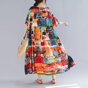 Plus Størrelse Sommeren Kvinders kjole 2021 Print Sundress Bomuld Kvindelige Dame Vestidos Løs Afslappet Ferie Maxi Dress Stor Størrelse 5XL 6XL