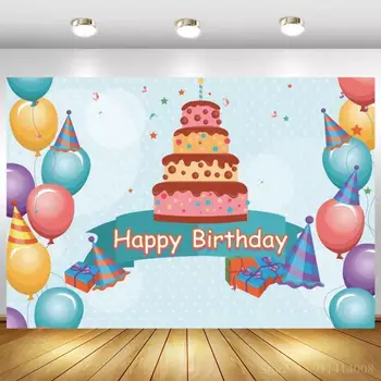 Chokolade Kage Smadre Happy Birthday Banner Kids Baggrund Slik Gaver Tabel Indretning Farverige Balloner Baggrunde Fotografering