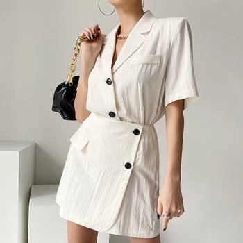 2021 Summer French New Style Fashion Lapel Thin Short-sleeved Small Suit Jacket + High-waist Button Skirt Two-piece Skirt KK221