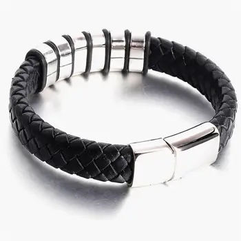 Smuk cool punk rustfrit stål magnetisk knap design mænds læder armbånd fashion armbånd til mænd gaver
