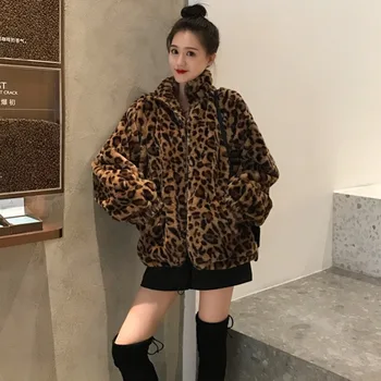 Vinteren Varm Jakke Kvinder Vintage Leopard Stå Krave, Lynlås Dame Outwear Løs Plus Size Faux Pels, Plys Top Coat Streetwear