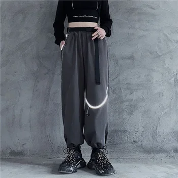 HOUZHOU Harajuku Techwear Sort Cargo Bukser Kvinder Kæde Oversize Gotiske Streetwear Bred Ben Grå Bukser Til Kvinder Punk Goth