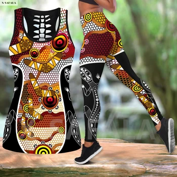 Australien Aboriginal 3D Printet Kvinder Combo To Stykke Yoga Sæt Vest Hule Ud Tank Top med Høj Talje Legging Sommeren Afslappet Sport