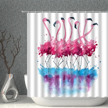 Flamingo Badeforhæng Tropiske Dyr Badeværelse Gardin Bad Indretning Grønne Blade Udskrivning Vandtæt Polyester Stof Husstand