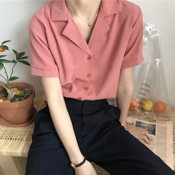 2020 Sommer Bluse Shirt Til Kvinder Mode Korte Ærmer V-Hals Afslappet Kontor Dame Hvid Shirts Toppe Japan Korean Style #35