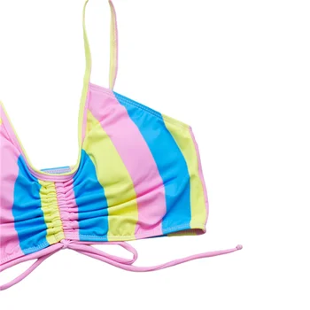 Hirigin 2021 Nye Kvinder Casual To-delt Swimwear Sæt, Flerfarvet Stribe Trykt Mønster Bikini Toppe og Shorts S/ M/ L Bikinier