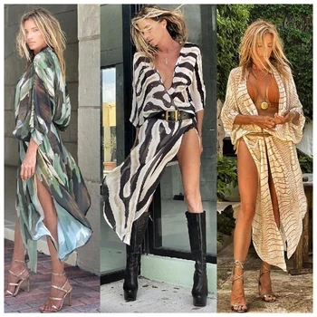 Dame Boho Trykt Kimono Beach Cover Up Fashionable Sommer Open Front Løs Cardigan Top Lang Tynd Jumper Toppe Ferie