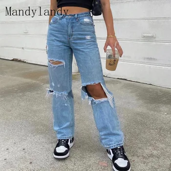 Mandylandy Jeans Kvinder Bukser Revet Hul Vasket Denim Pansts Høj Talje Sommeren Løs Bred Ben Bukser Jesns Streetwear